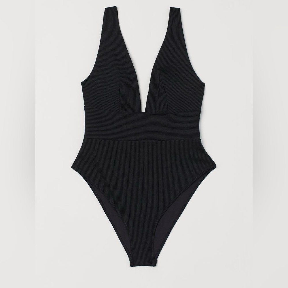 H&M Black Ribbed Deep V One-Piece Swimsuit